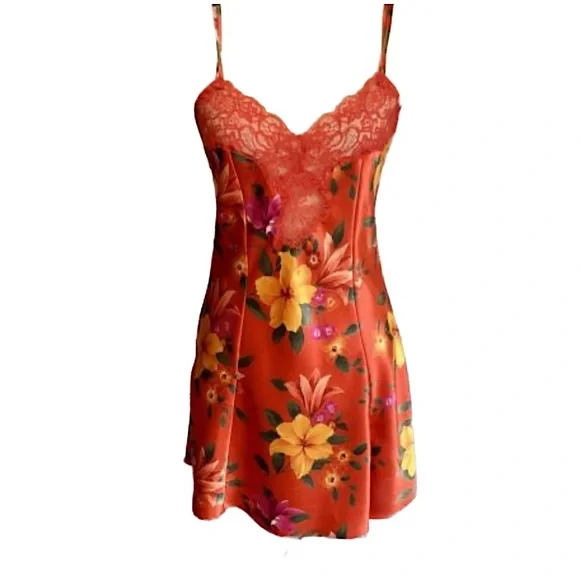 VICTORIA’S SECRET 90’s Vintage Orange Tropical Floral Satin Slip Dress M NWT - Picture 1 of 6